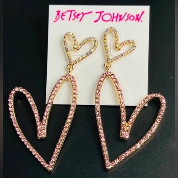 Betsey Johnson NWT XOX Crystal-Studded Pavé Double Heart Drop Earrings - Picture 3 of 7